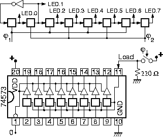 Two-phase-clocked shift register, using two 74573