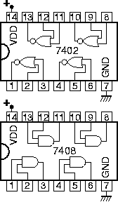 Pin-out for 7402 (4 NOR's) and 7408 (4 AND's).